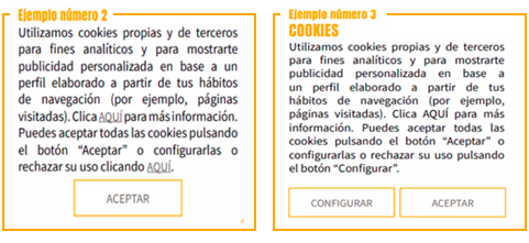 Ejemplos incorrectos de aceptación de cookies