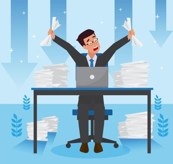 Di hola a la digitalización y adiós al papeleo: persona con traje sentada en una mesa estrujando papeles