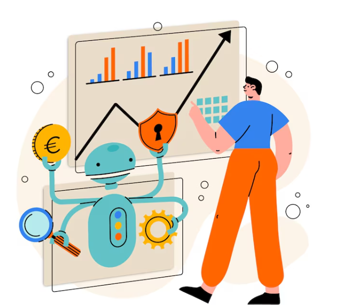 Ilustración representando la subvención en ciberseguridad, con un robot sosteniendo elementos relacionados con seguridad y una persona mirando un gráfico.