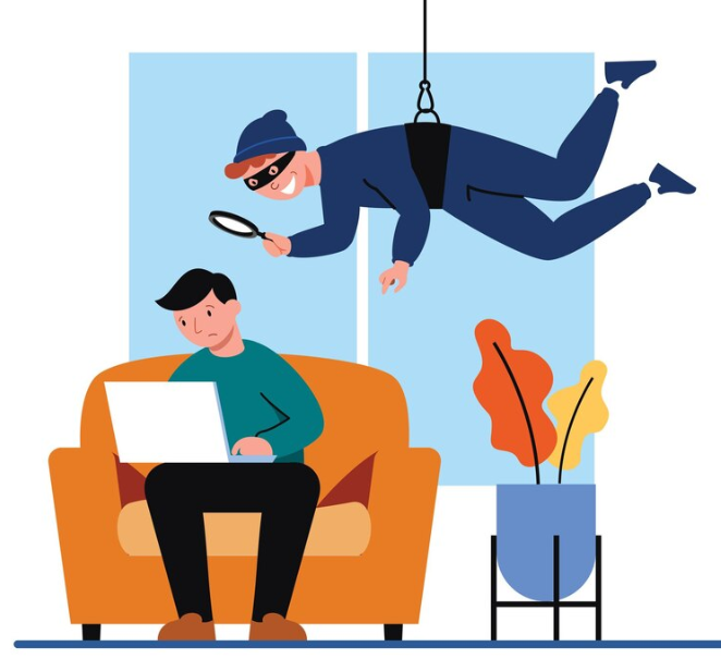 Protege tu seguridad digital: imagen de un ladrón espiando un hombre con un ordenador.