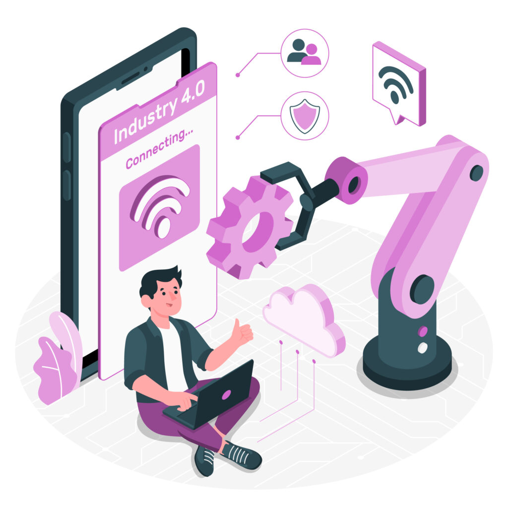 Dibujo representativo de la relación entre industria y tecnología.