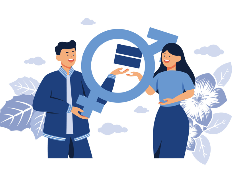 Plan de igualdad: hombre y mujer con una representación simbólica de la igualdad.