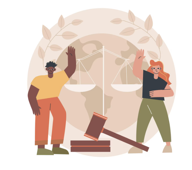 Arbitraje de consumo: dos personas representando la justicia.